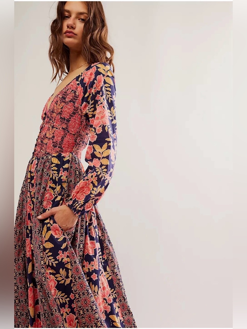 NWT Free People A New Way Floral Button-Front in Navy and Pink Maxi Dress SizeXL - Picture 8 of 17